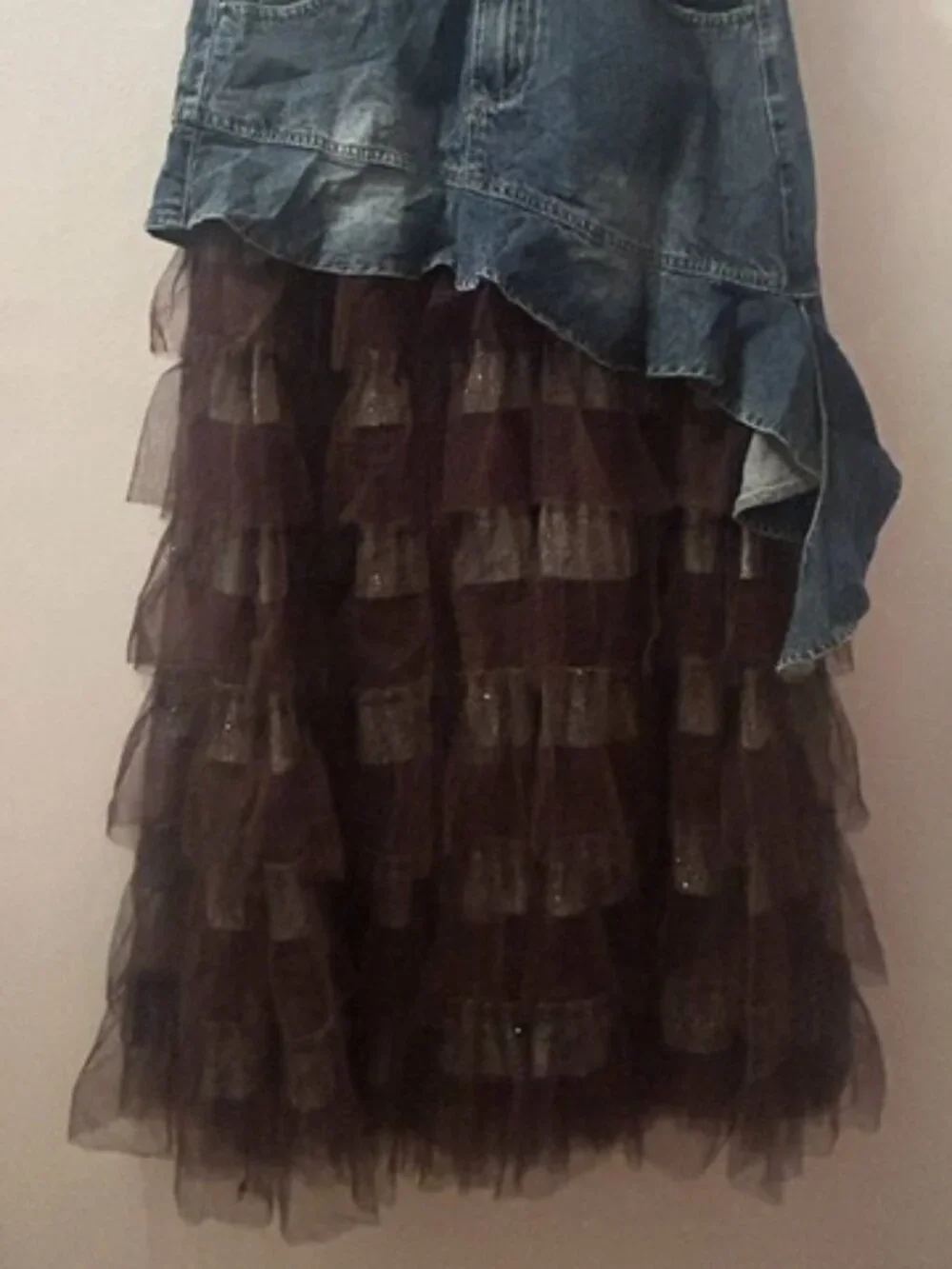 Luxe & Leather by Madonna & Co Lush Brown Tulle-Denim Belted Glitter Skirt NEW